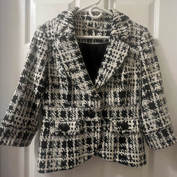 White House Black Market black + white Tweed hip length blazer, XS, EUC - Picture 1 of 4